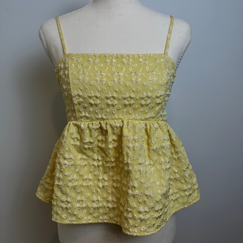 Butter Yellow Floral Textured Peplum Cami Womens M Cottagecore Coquette Feminine